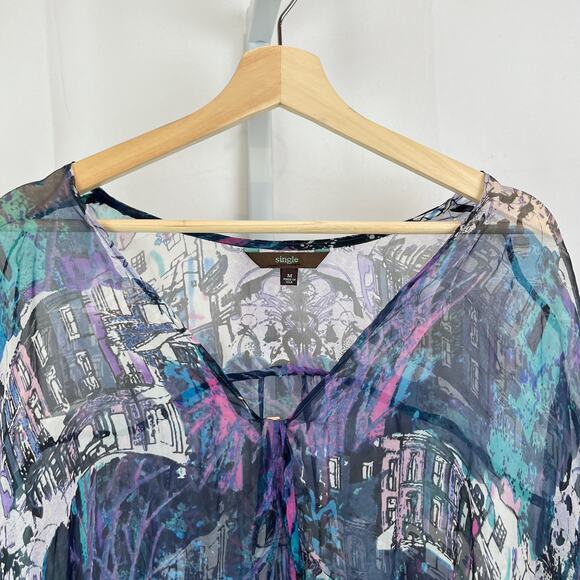 SINGLE City M Print Silk Long Sleeve Wrap Top Hi Low Sheer Multicolor Blue USA - Picture 4 of 10